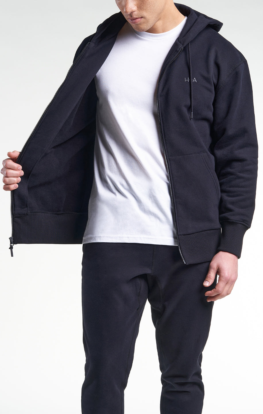 Mens Casual Popover HOA Zip-Through Hoodie Black