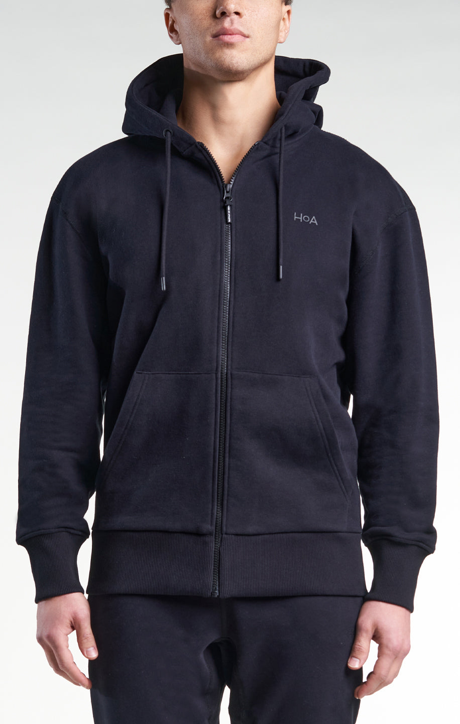 Mens Casual Popover HOA Zip-Through Hoodie Black